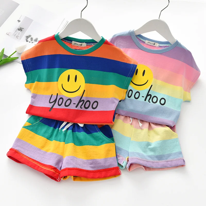 Rainbow Smile Children Sets For Girls Summer Cotton Short Sleeve Tshirt+shorts Two Piece Set Causal Outdoor Wear Kids Clothes