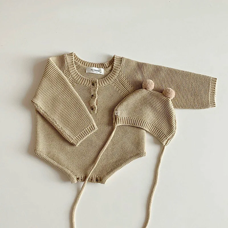 2024 Frühling Herbst Kleinkind Baby Jungen Mädchen Strick bodysuit mit Baby Strick mütze Säugling Overall Strickwaren Outfits Neugeborenen Pullover