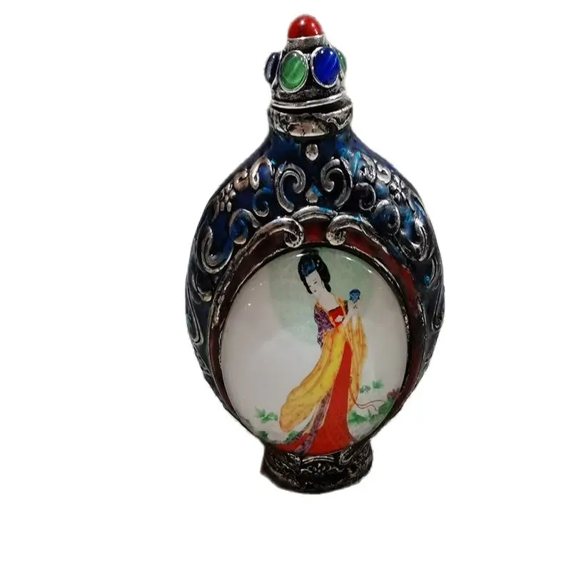 China Old Beijing Used Old Snuff Bbottle Tibetan Silver Inlaid Turquoise Beauty Snuff Bottle