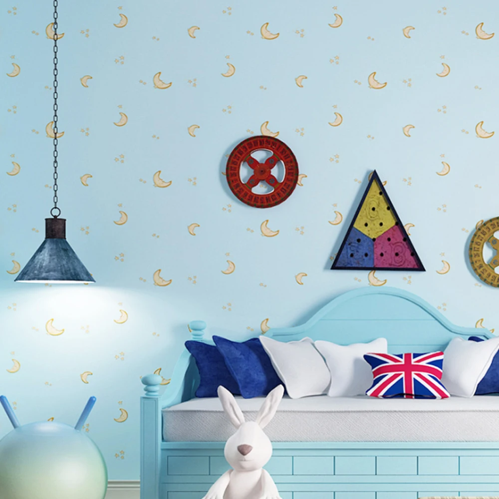 

Q QIHANG Modern Cartoon Pattern Stars and Moon Living Room Children's Room Non-woven Wallpaper Light Blue Color 0.53m*10m=5.3m2