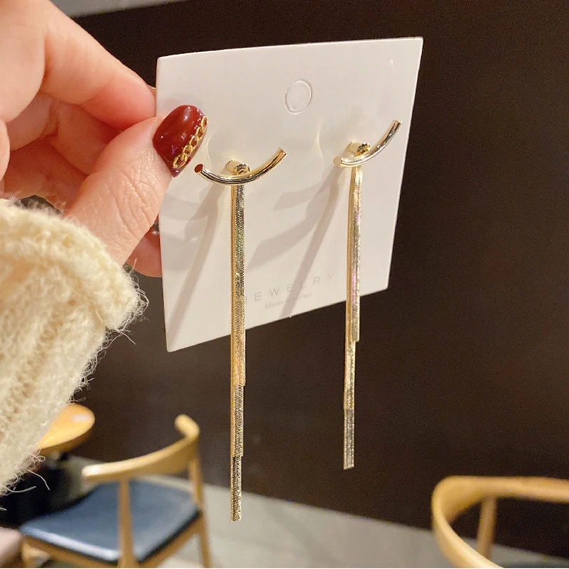 Vintage Gold Color Bar Long Thread Tassel Drop Earrings for Women Glossy Stainless Steel Earrings 2022 New Fashion Jewelry Gifts