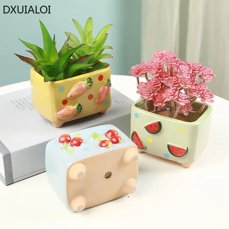 DXUIALOI Creative Rectangular Ceramic Flower Pots Home Decor Hand-painted Fruits and Vegetables Living Room Plant Flower Pots