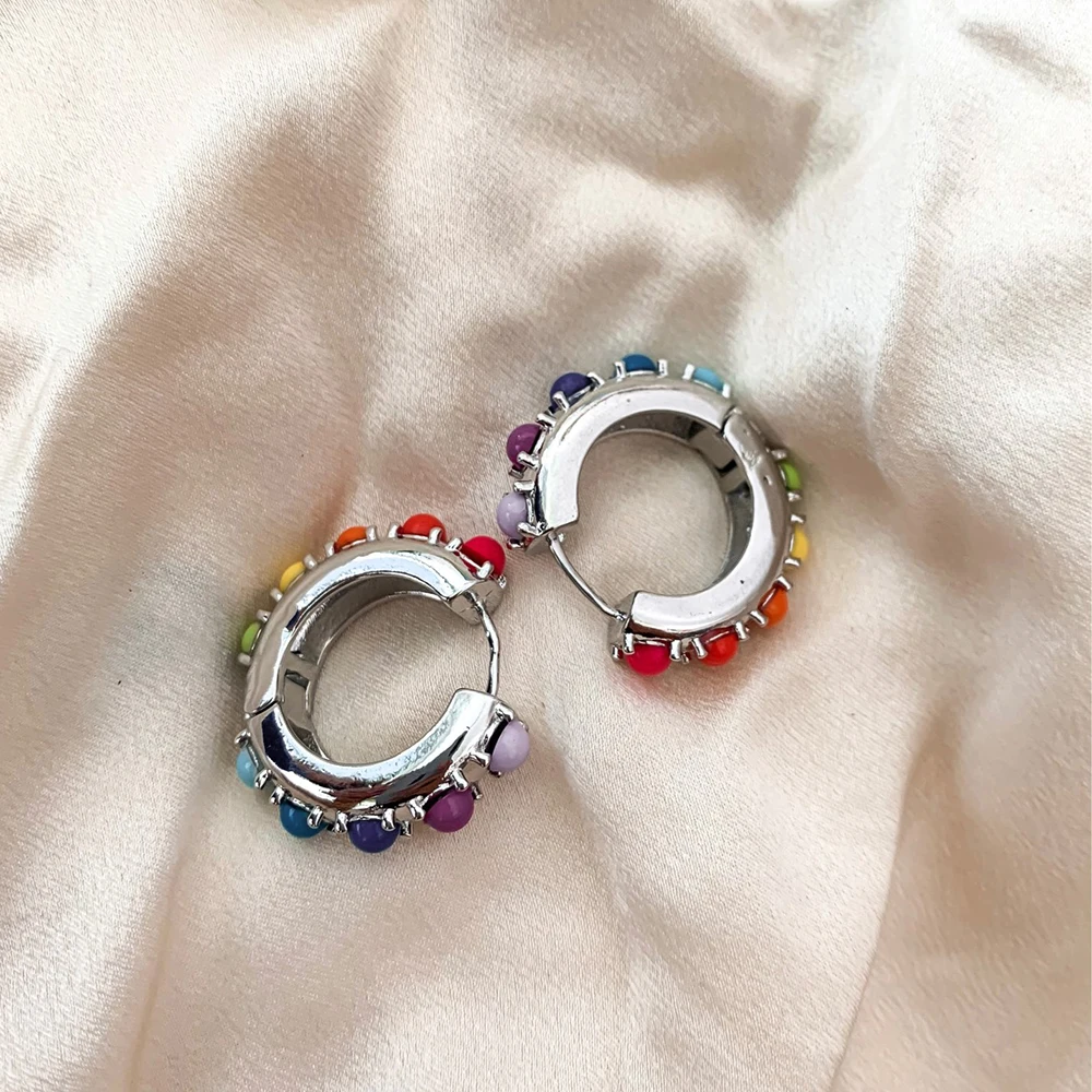 1Pcs New Fashion Multicolor Bead Hoop Earrings Women Fashion Elegant Round Round Gold Plated Shape Earrings Boho Party Jewelry