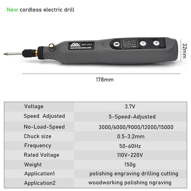 Mini juego de amoladora eléctrica, Taladro Inalámbrico, herramienta rotativa, Pluma de tallado de madera para fresado, grabado, Cargador USB de 3,6