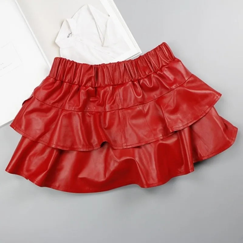 Design Sweet Ruffle Genuine Leather Shorts Skirt Women Elastic Waist Red Black Green Gray Sheepskin Shorts Female Mini Trousers