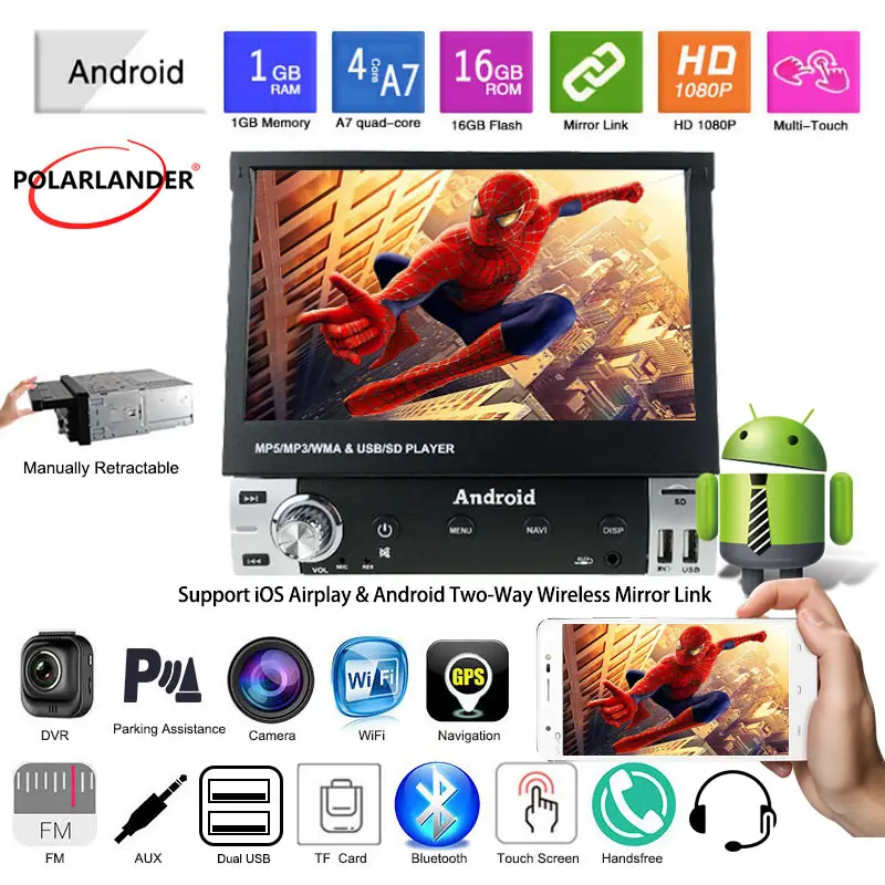 

Car Radio 1 Din Android FM SD Card U Disk Full Touch Mobile Phone Cast HD Bluetooth GPS Navigation 7 Inch Telescopic Screen