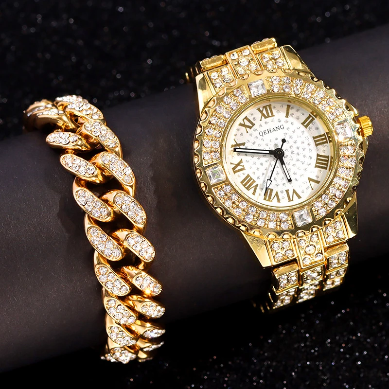 Luxury Women Iced Out Watches Gold Silver Color Cuban Chain Bracelet Watches Full Rhinestone Wrist Watch Men Fashion Jewelry