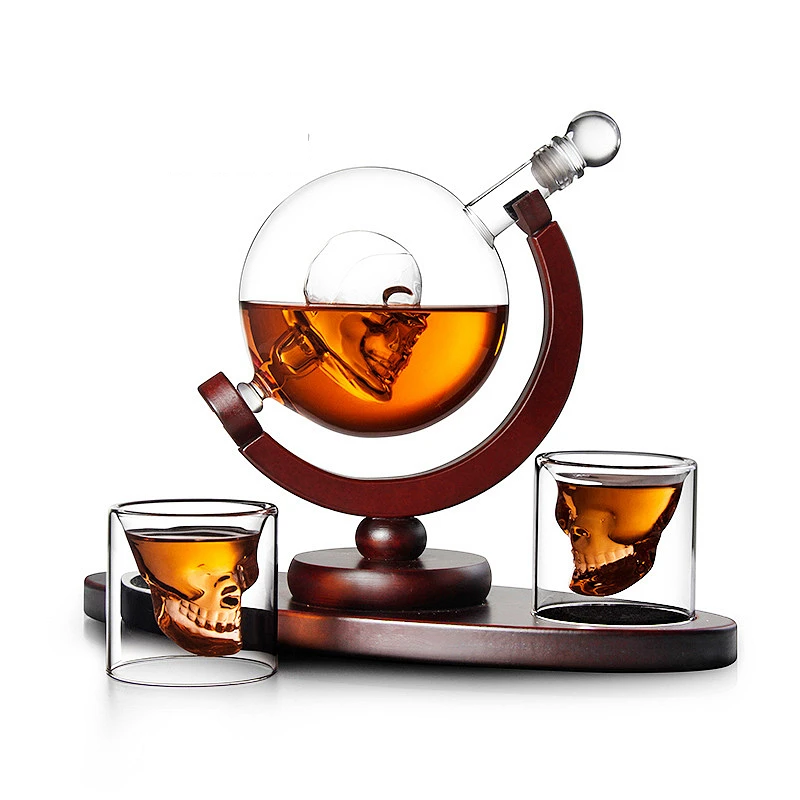 Skull Globe Drinking Vessel With 2 Cups Whisky Wine Set Skull Type Wine Separator High Borosilicate Glass Wine Container