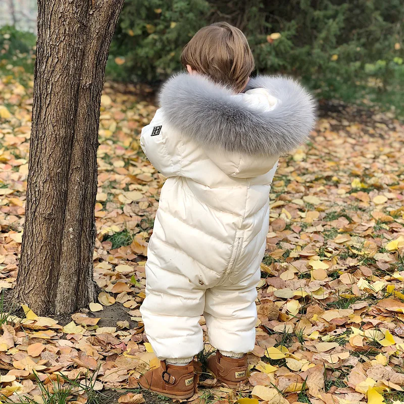 -30 Degree Infant Baby Rompers Real Fur Collar Duck Down Filling Kids Baby Snowsuit Thick Warm Toddler Boys Girls Down Jumpsuit