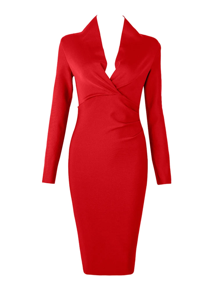 Dames Diepe V-hals Bandagejurk Lange Mouw Plooien Bodycon Zwart Midi Sexy Elegant Club Celebrity Runway Avondfeest Jurken