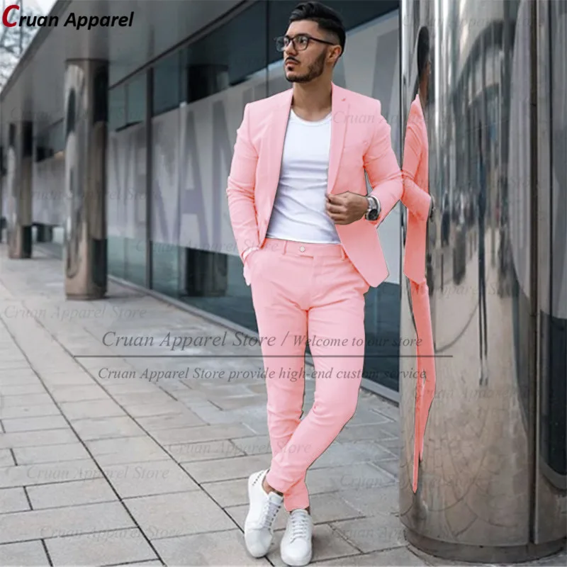 Custom Made Fashion Fuchsia Suit Men Set New Party Wedding Groom Suit Slim Fit Streetwear Casual Beige Classic Jacket Pants 2Pcs