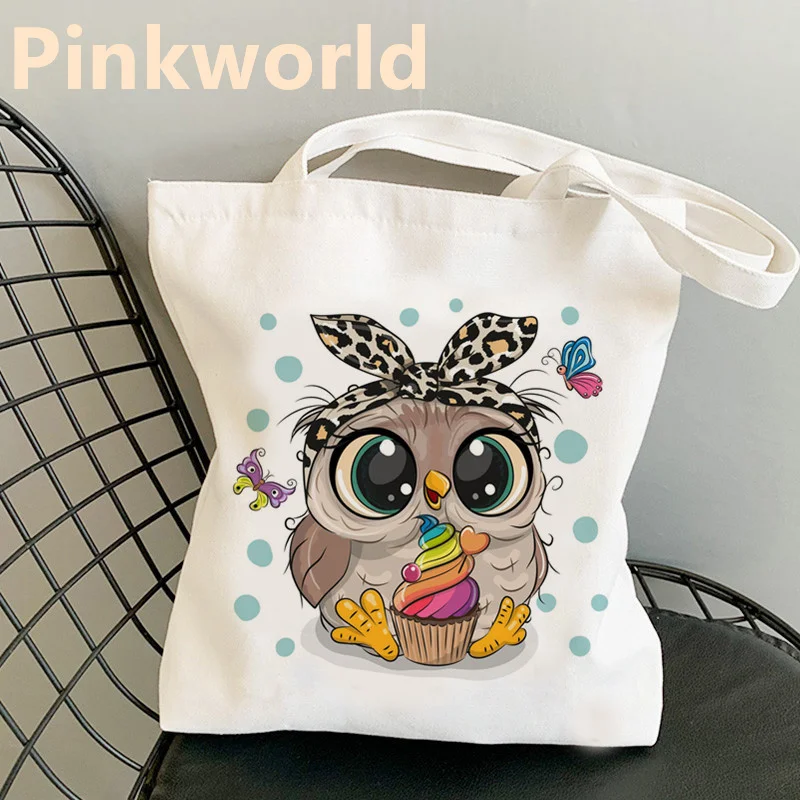 Bolso de lona con estampado de búho para mujer, bolsa de hombro, color blanco y negro, Harajuku