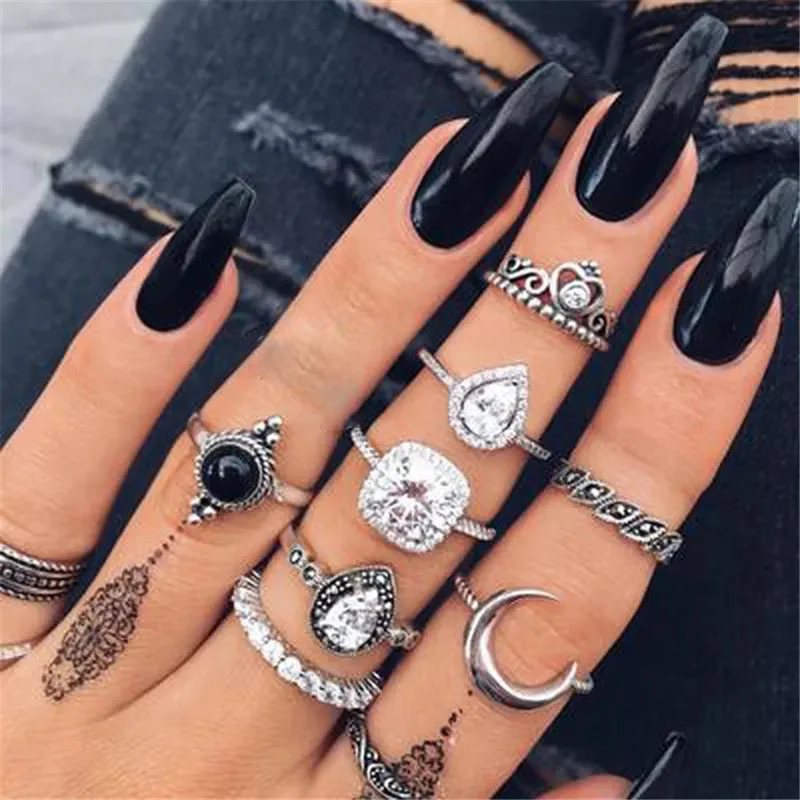 docona Bohemia Crown Moon Crescent Ring for Women Black White Stone Crystal Ring Set Knuckle Midi Anillos Jewelry 10pcs/set 6390