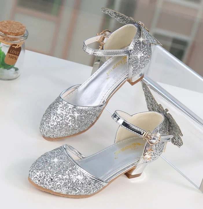 Princess Kids Leather Shoes For Girls Glitter Butterfly Knot Dress Party Children High Heel Csuals Shoe For kids Pink Silver