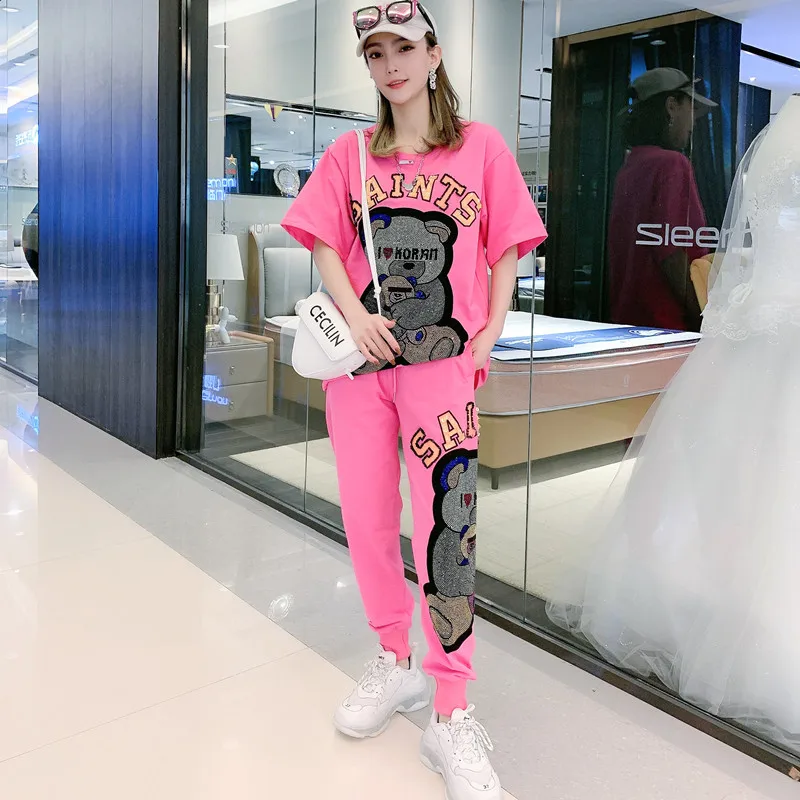 Spring White Diamond Cartoon Bear Short Sleeve Tracksuit Women Two Piece Sets,T Shirt and Harem Pants