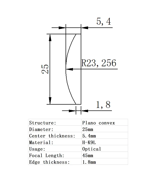 Plano Convex Lens Diameter 25mm Focal  Length 45mm H-K9L Glass Lens Optical Glass Optical Lens