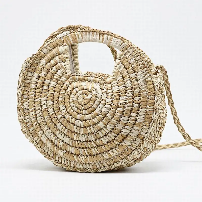 Textured Round Straw Bag Beach Boho French Market Strawbag Women Weave Shoulder Bag Round Summer Beach Purse And Handbags