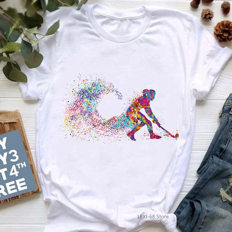 

Field Hockey Girl Watercolor Print T Shirt Women White Tshirt Female Summer Tops Short Sleeve Tee Shirt Femme Streetwear