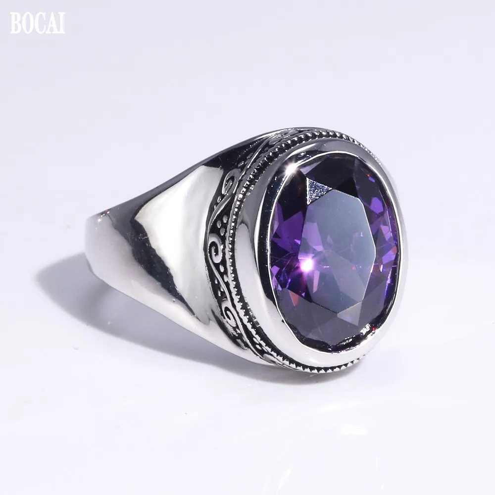 BOCAI New Real s925 Sterling Silver Jewelry Korean Faceted Zircon Amethyst Fashion Simple Woman Ring