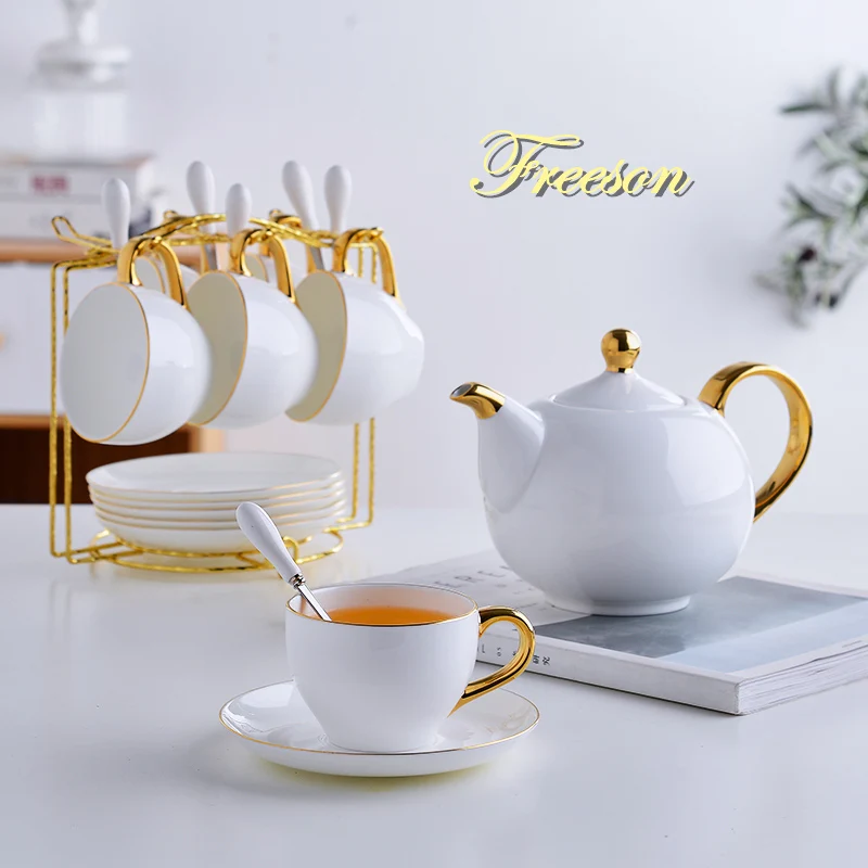 

Elegant Bone China Tea Set Porcelain Scented Tea Cup Ceramic Pot Floral Teapot Set Cafe Mug Coffee Cup White Gold Teacup Teaset