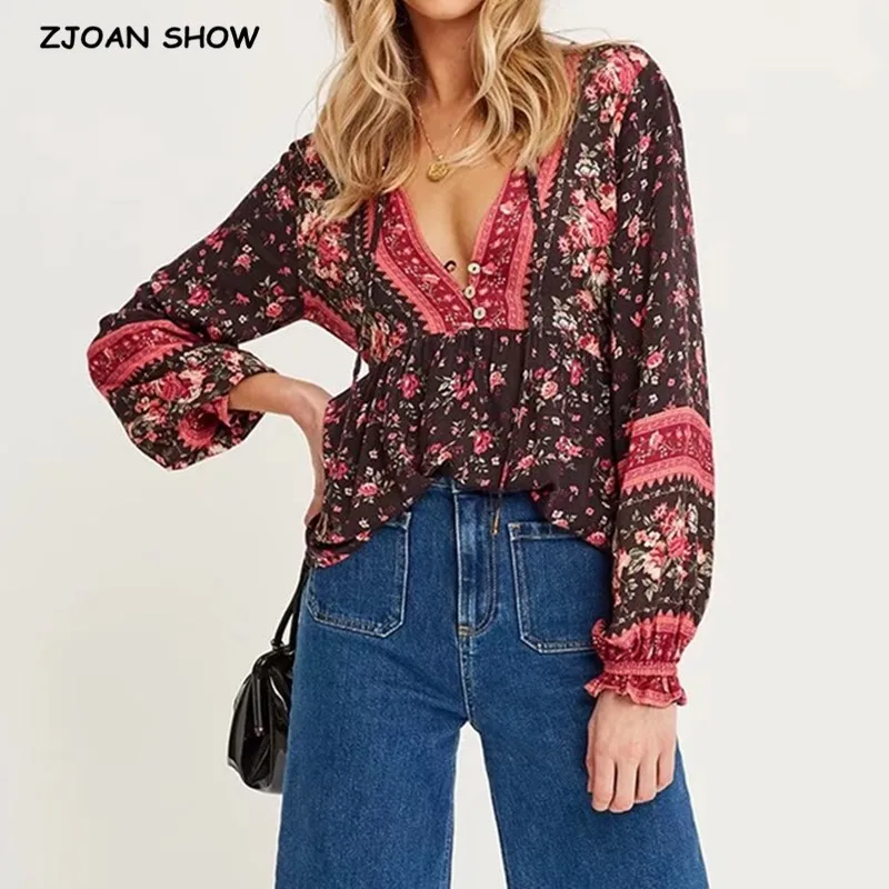 Bohemia Bandage Open buttons V neck Floral Print Shirt Holiday Women Contrast color Long Sleeve Blouse Tops Beach