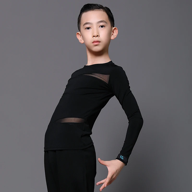 Latin Dance Shirt Boys Costumes Black Long Sleeve Latin Dancewear Cha Cha Samba Ballroom Latin Dance Competition Dress DN7116