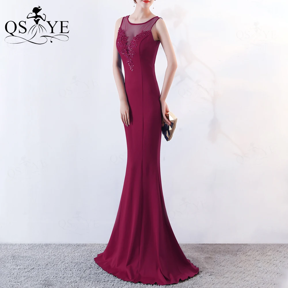 Burgundy Prom Dress Bead Lace Appliques Princess Party Gown Sleeveless Mermaid Stretchy Scoop Neck Evening Formal Dress Illusion