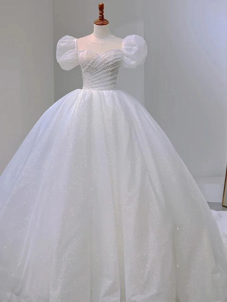 Robe de Mariée Blanche à Paillettes de Luxe, Tenue Longue avec Perles, Manches Bouffantes, Nministériels d au Dos, pour Patients de Princesse, Personnalisée