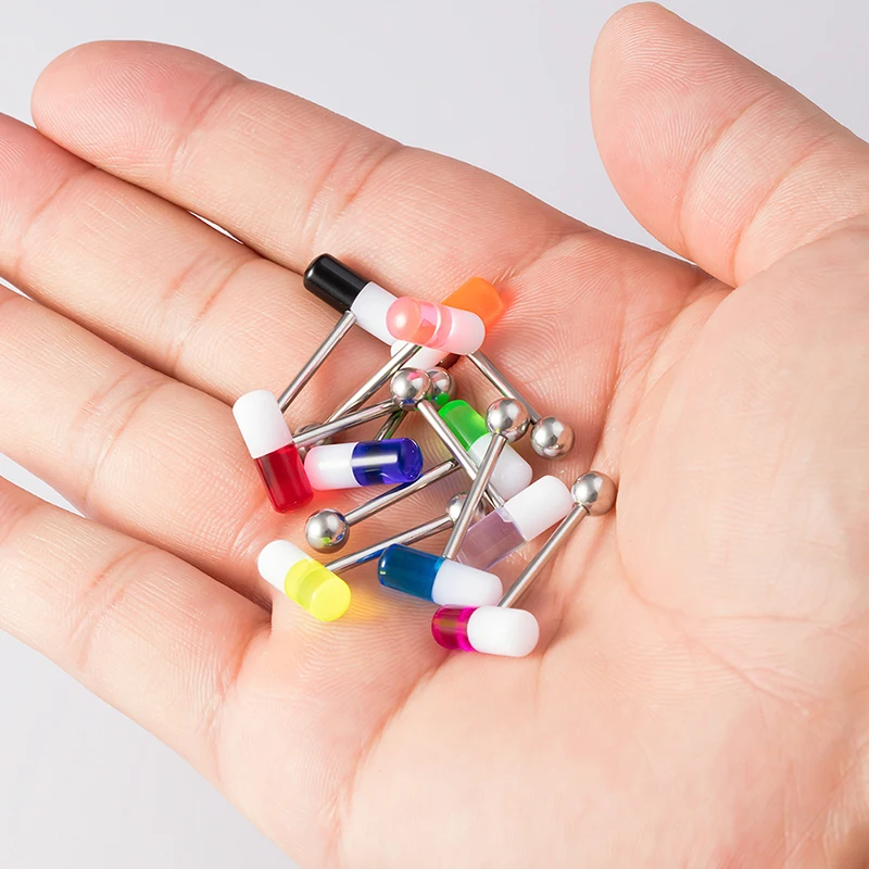 1pc Capsule Tongue Ring Acrylic Pill Tongue Piercing Stud Barbell Surgical Steel Bar Colorful Punk Women Men Body Jewelry 14G