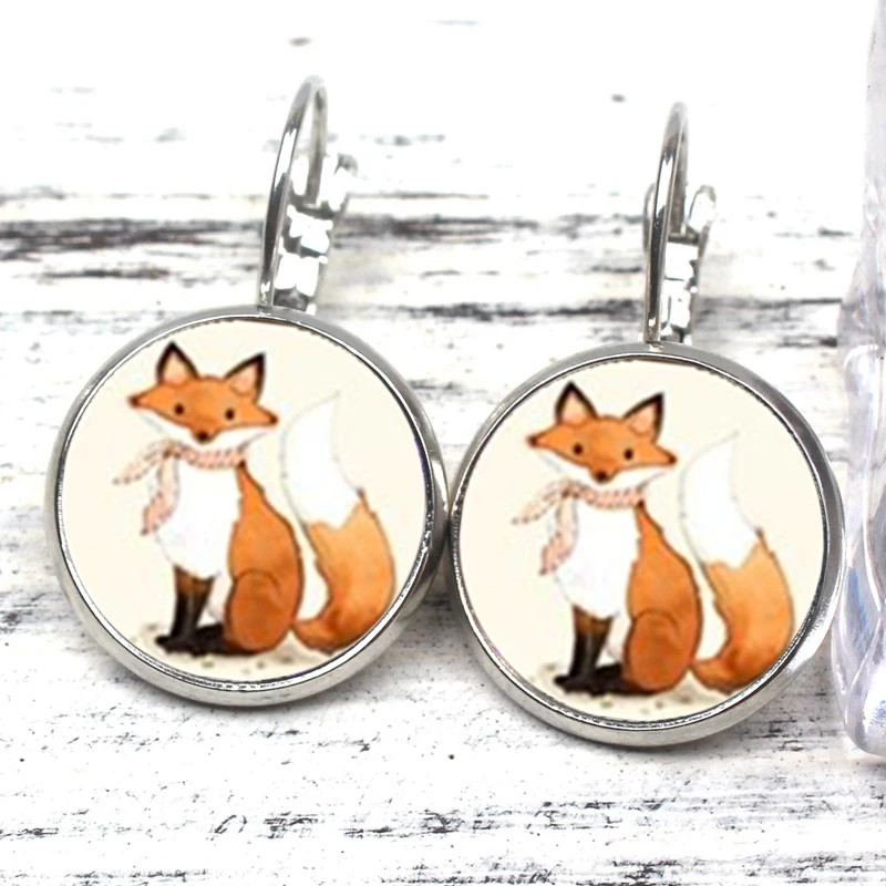 2019 New Cartoon Fox Earrings Woodland Bio Round Jewelry Glass Dome Charm Earrings Wholesale Cute Ladies Gift Souvenir Mother