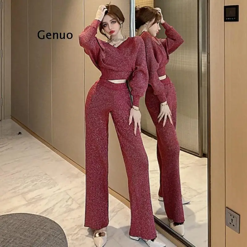 V-Neck Sweater and Wide-Leg Pants Suit Sparkling 2 Pieces Women's Knitted Suit Batwing Sleeve Winter Fall New Elegant Knitset