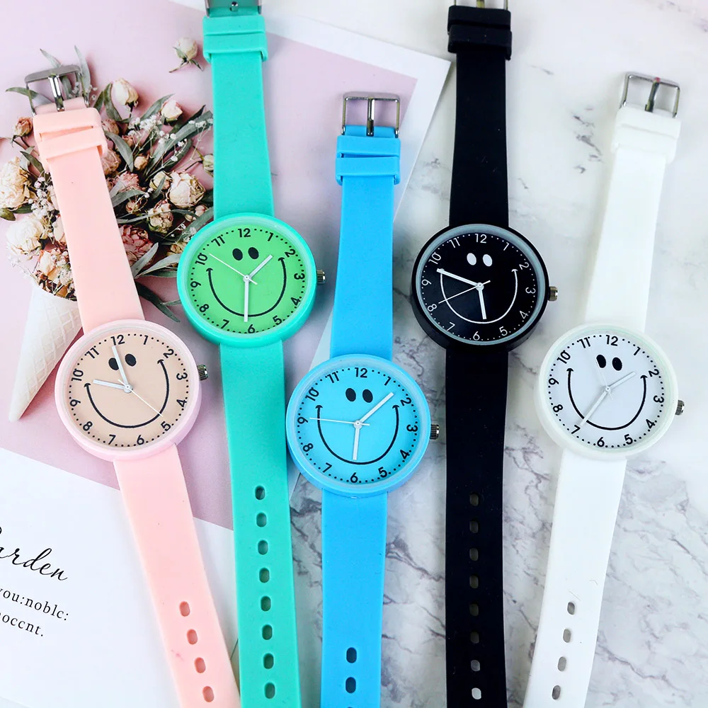 Fashion Dipotong Tersenyum Gadis Jam Tangan Anak-anak Rubber Strap Kuarsa Permen Warna Anak-anak Menonton Jam Tangan Clock Reloj Relogio Feminino