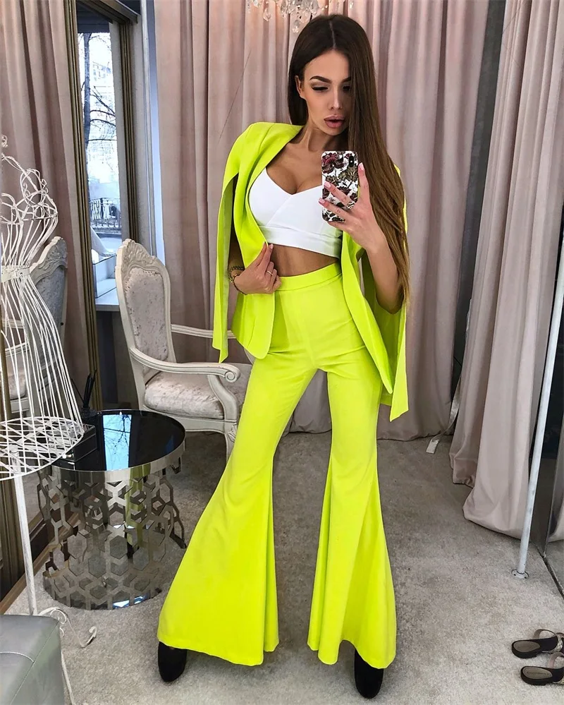 2 Pieces Women Suits Bright Yellow Fashion Bell-Bottomed Pan+Coat Sexy Split Sleeve Summer Formal Party Suits Customize