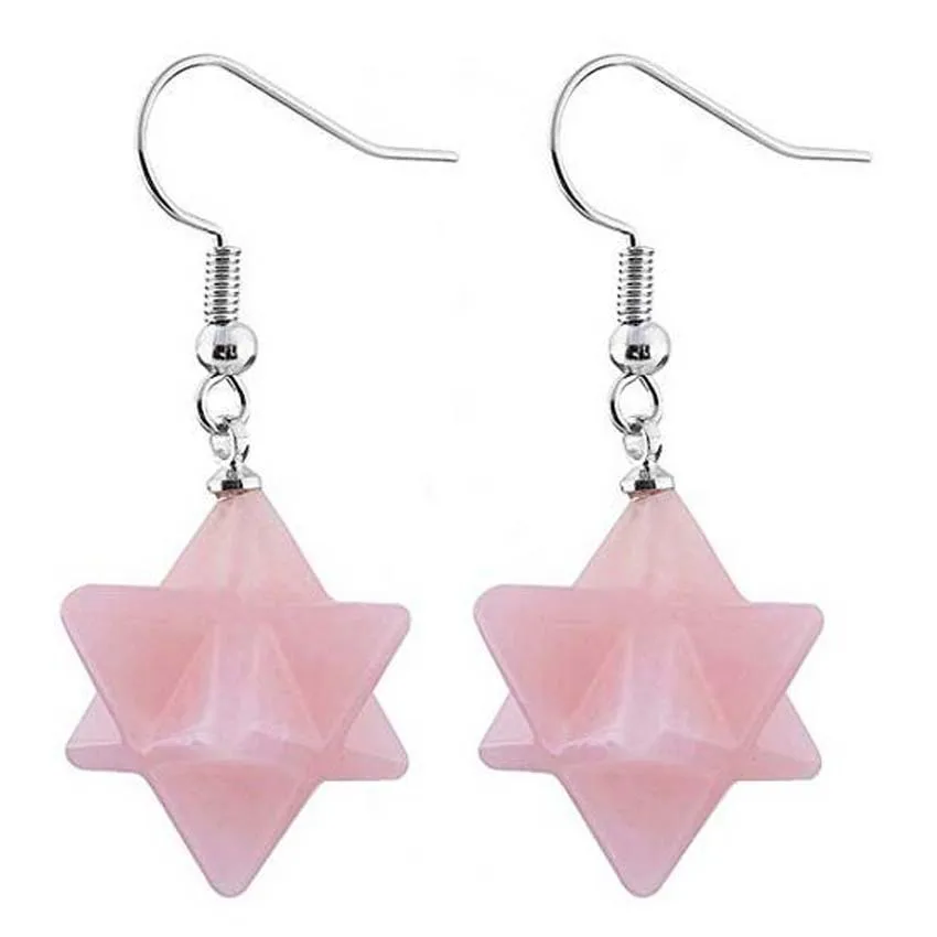 Crystal Merkaba Star Stone Earring For Women Natural Amethyst Rose Quartz Tiger Eye Hexagram Dangle Hook Stone Earrings Jewelry