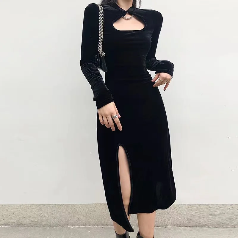 

2023 Sexy Club Midi Dress A-line Dresses Front Hollow Out Neck Long Sleeve Buckle Side High Split Hem Party Dress Punk Gothic