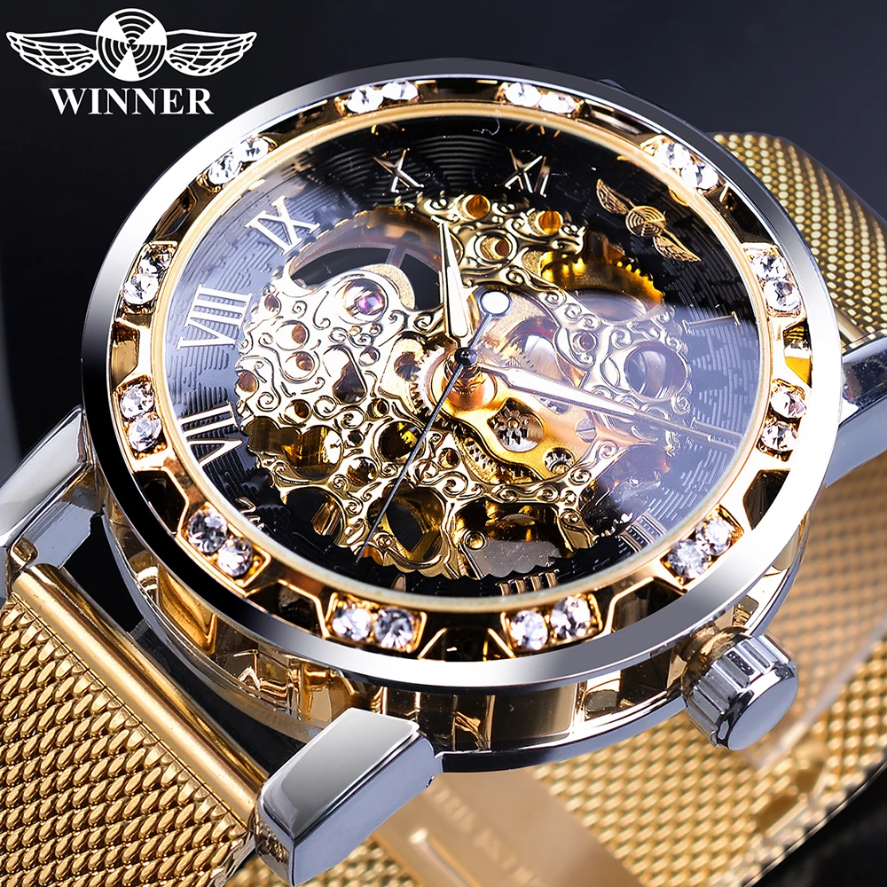 

Winner Golden Watches Men Skeleton Mechanical Watch Crystal Mesh Slim Stainless Steel Band Top Brand Luxury Hand Wind Wristwatch