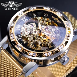 Winner Golden-Reloj de pulsera de acero inoxidable para hombre, accesorio masculino de pulsera resistente al viento, con malla de cristal, diseño mecánico de esqueleto, marca superior de lujo