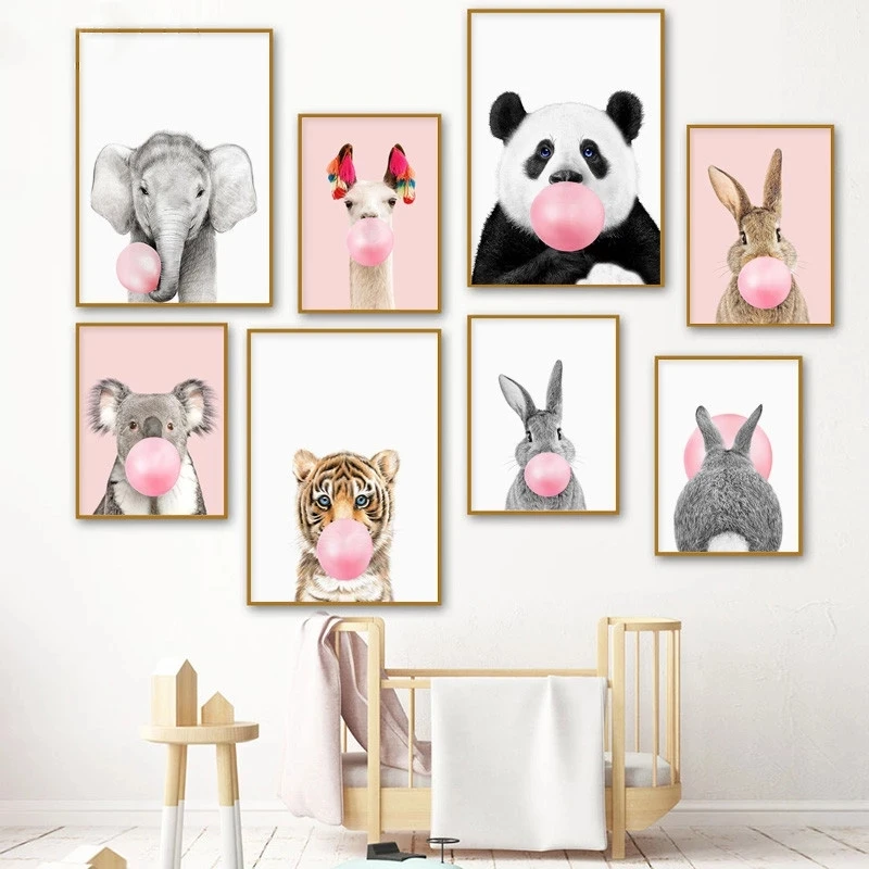 

Nordic Wall art Poster Cute Pink Animal Blow Bubble Canvas Painting Picture Home Decor Nursery Kids Room Living Wall Decor