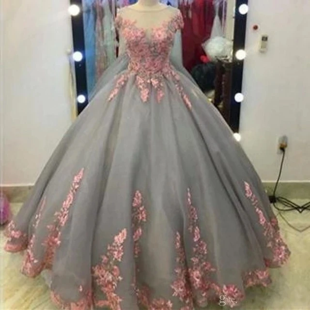 

ANGELSBRIDEP Quinceanera Dresses Pink Floral Lace Appliques Gray Tulle Ball Gowns Prom Dresses Special Occasion Tiered Skirt HOT