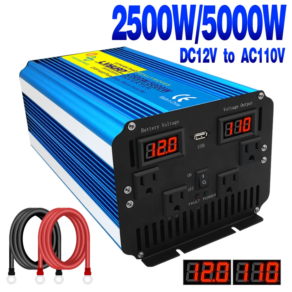 2500W/5000W Pure Sine Wave Inverter DC 12V/24V TO AC 110V 100V 50Hz/60Hz LED voltage display converter Remote Control US Socket