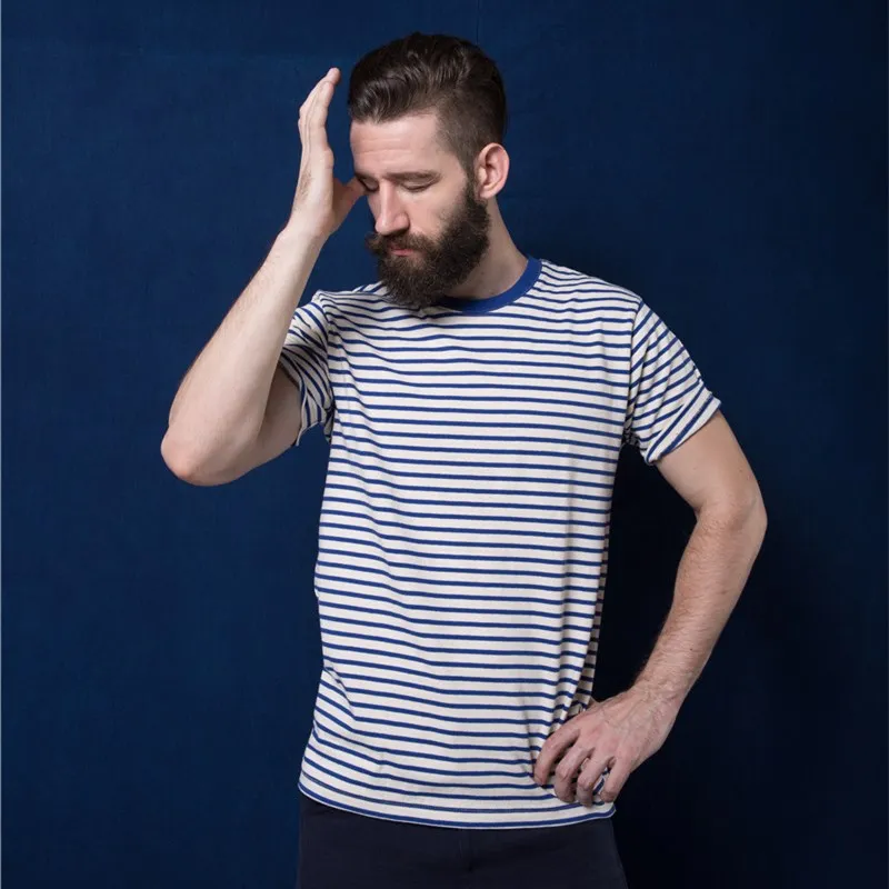 Akkad Kuti Vintage Men\'s Blue White Striped Tshirts Heavyweight Cotton Loose Casual T Shirt Men Oversized Tops Unisex Streetwear