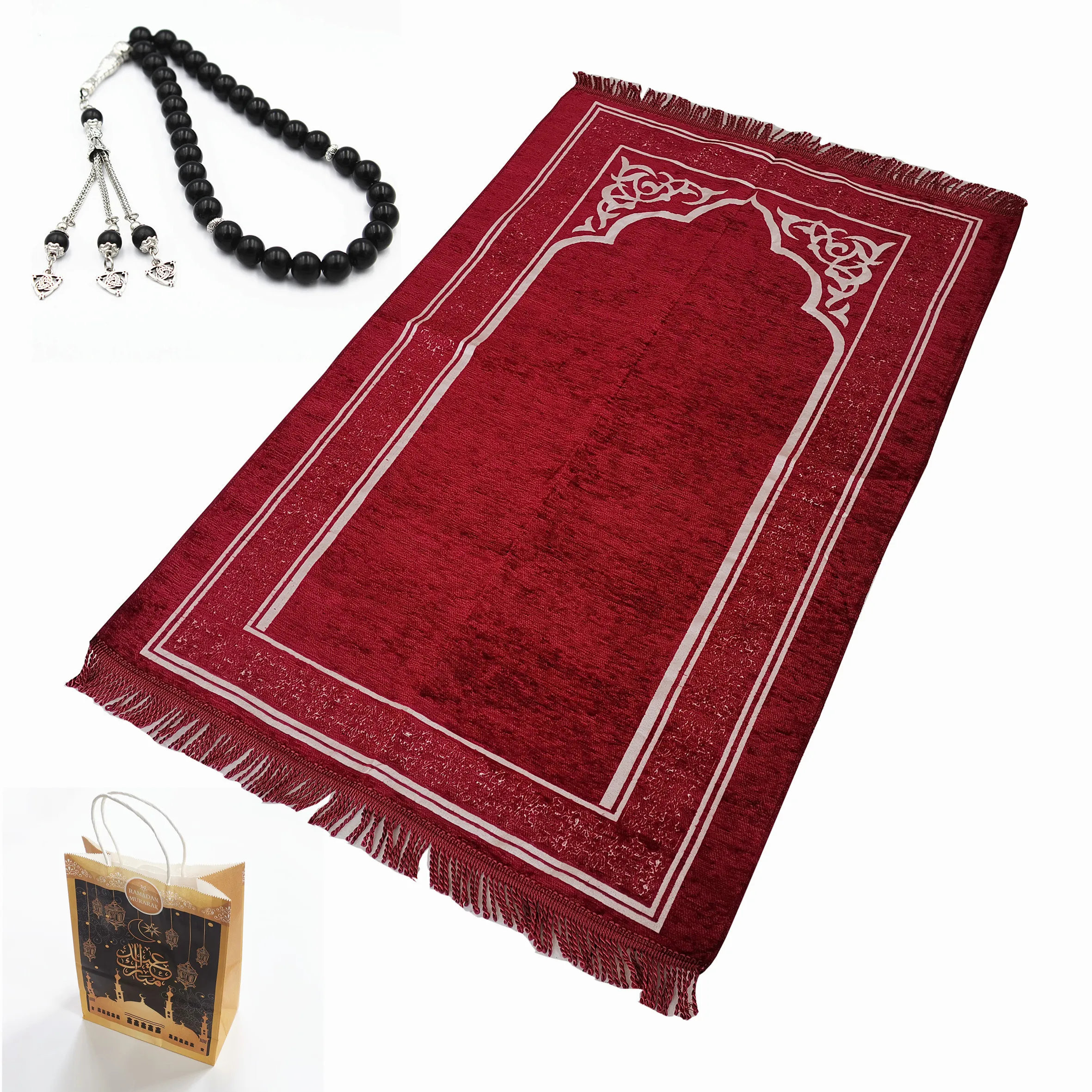 Muslim Prayer Rug Crystal Islamic Beads Set with Paper Bag Perfect Ramadan Eid Gifts