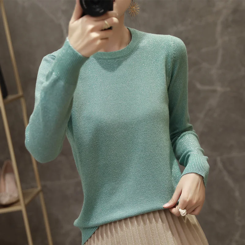 Fall Winter New Solid Color O-Neck Base Sweater Women Loose Pullover Long-Sleeved Bright Silk Knit Tops