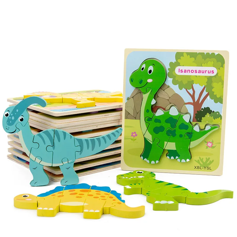 Baby Wooden Cartoon Dinosaur 3D Puzzle Jigsaw For Baby Boy Girl Montessori Early Learning Educatioanl Puzzle Toys