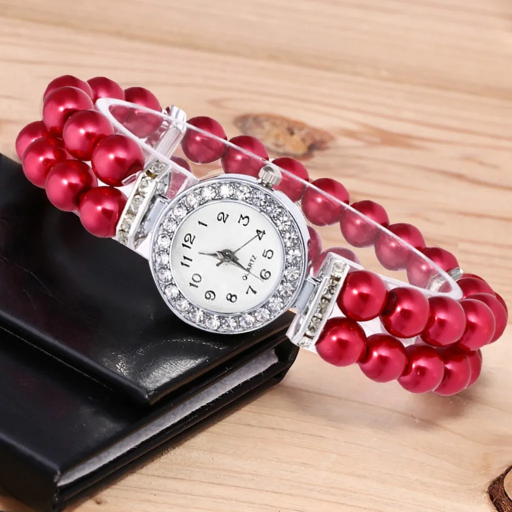 Women Small Watch Simulated Pearl Rhinestone Luxury Elegant Wrist Band Bracelet Jewelry Gifts Lady Elastic Universal Charms