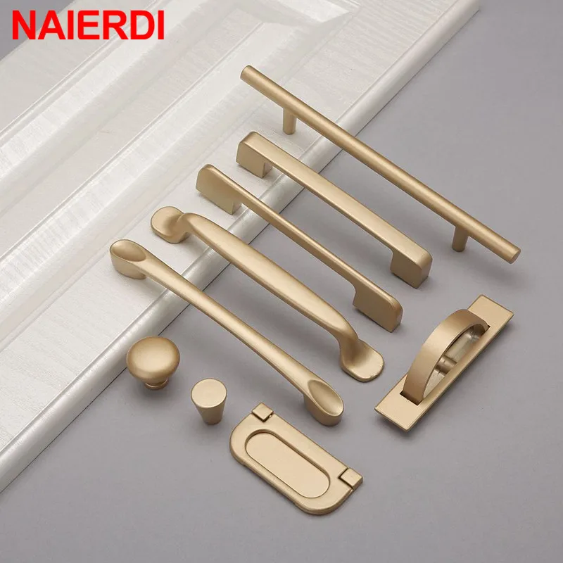 NAIERDI Solid Aluminum Alloy Matte Gold Cabinet Handles European Style Kitchen Cupboard Pulls Drawer Knobs Furniture Handle