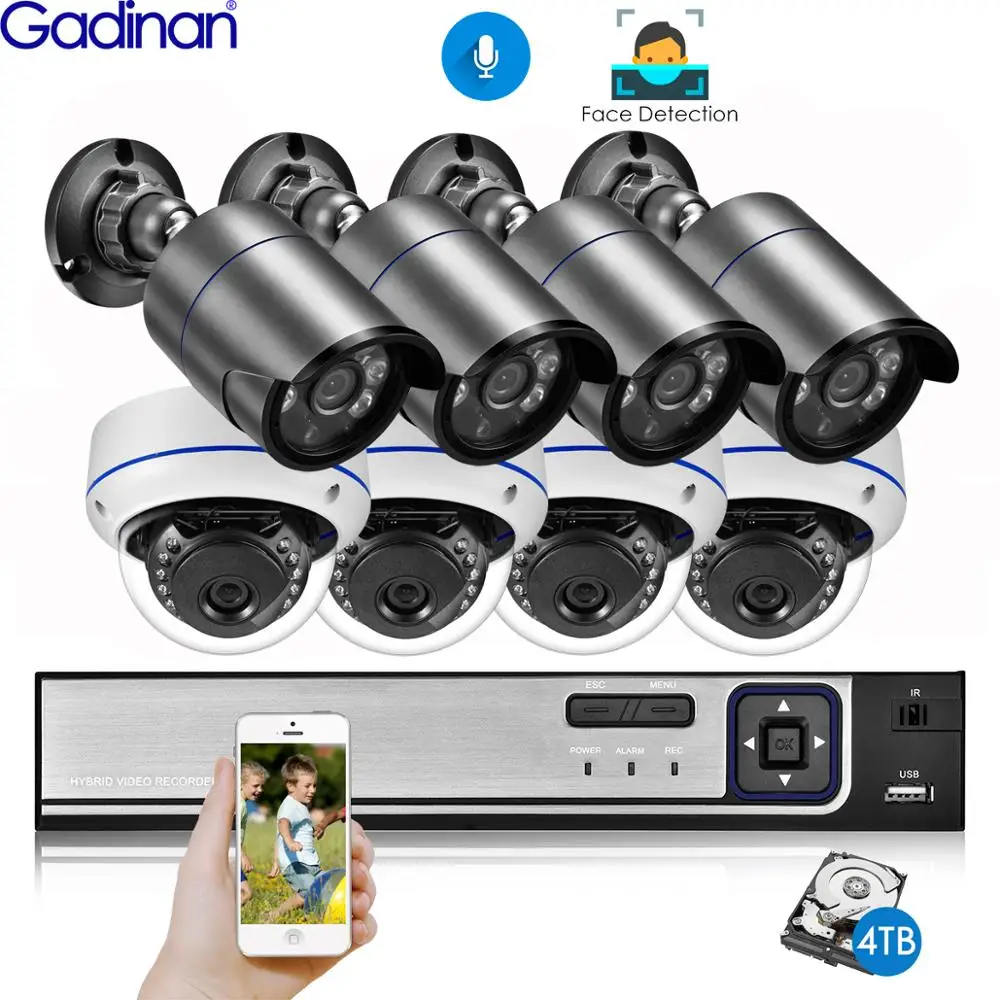 Gadinan 감시 카메라, 금속 야외 네트워크 오디오 IR IP 카메라, 얼굴 인식 CCTV 보안 키트, H.265AI 8CH POE 시스템, 5MP 