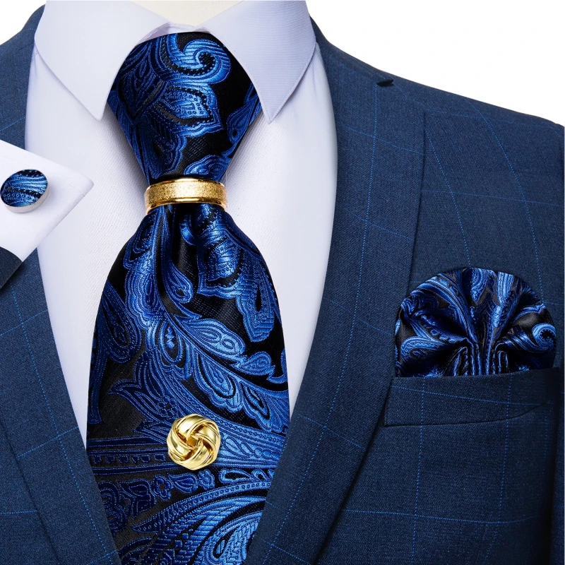 

Men Luxury Blue Paisley Silk Wedding Tie Set Pocket Square Cufflinks Men's Neck Tie With Tie Tack Gold Tie Ring Gift For Men