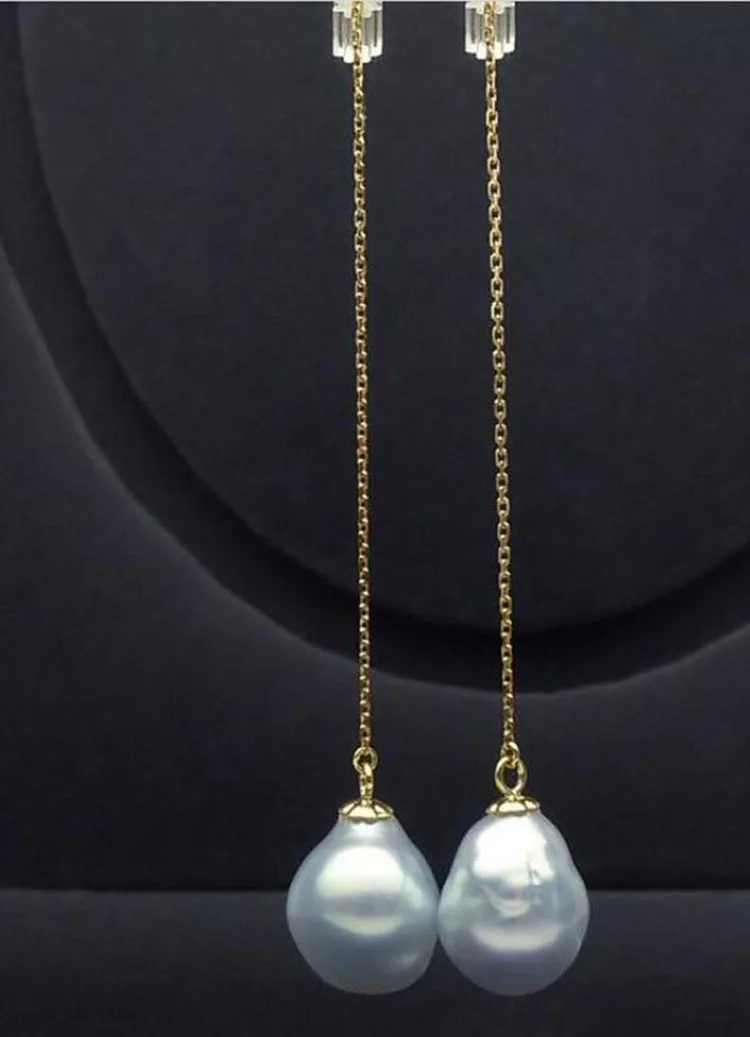 

free shipiing South Sea Cultured Pearl Long Drop Earrings Dangle 18K Yellow Gold 10-12mm