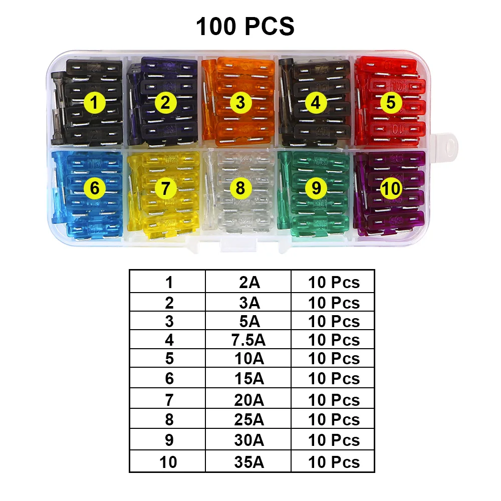 Clip Assortment Car Truck Fuses with Box Auto Blade Type Fuse Set 50/100 Pcs 2A 3A 5A 7.5A 10A 15A 20A 25A 30A 35A 40A Amp